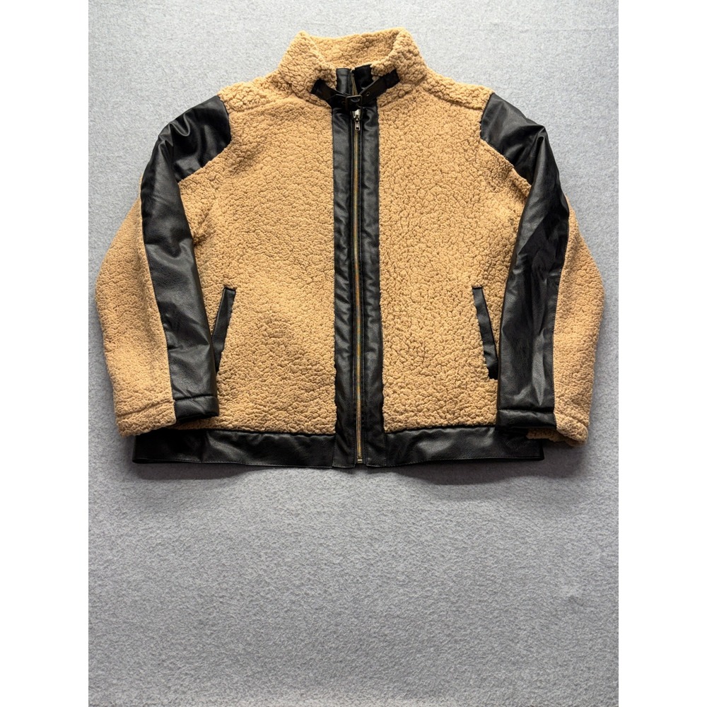 Sabrina Lauren New York Faux Shearling Leather Trim Moto Jacket Tan Black 1X